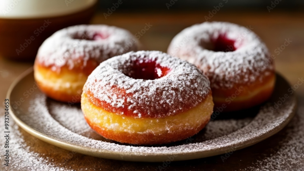 Deliciously dusted doughnuts ready to be devoured Deliciously dusted doughnuts ready to be devoured