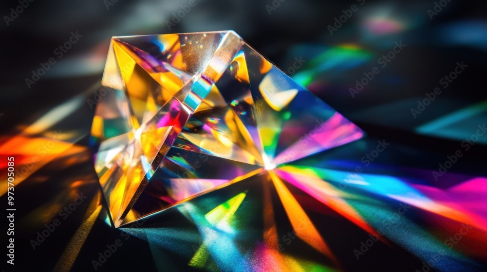 A clear glass pyramid refracts light, casting vibrant rainbow beams. A clear glass pyramid refracts light, casting vibrant rainbow beams.