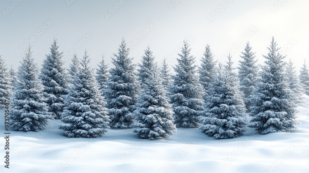 Snow-covered evergreen trees in a serene winter landscape. Snow-covered evergreen trees in a serene winter landscape.