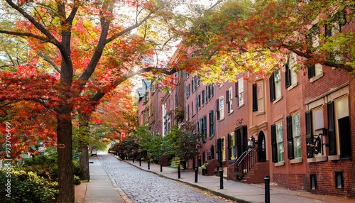 A vibrant Boston street on a fall afternoon, red-brick brownstones covered in wild grape vines, golden sunlight, autumn leaves, and a soft breeze, blending city charm with natural beauty.