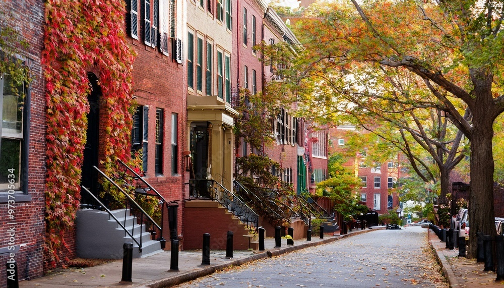 Fototapeta premium A vibrant Boston street on a fall afternoon, red-brick brownstones covered in wild grape vines, golden sunlight, autumn leaves, and a soft breeze, blending city charm with natural beauty.
