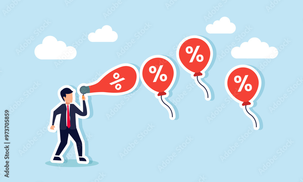 A businessman blowing a discount balloon, an illustration of a discount party, price cuts, and special offers for specific business events A businessman blowing a discount balloon, an illustration of a discount party, price cuts, and special offers for specific business events