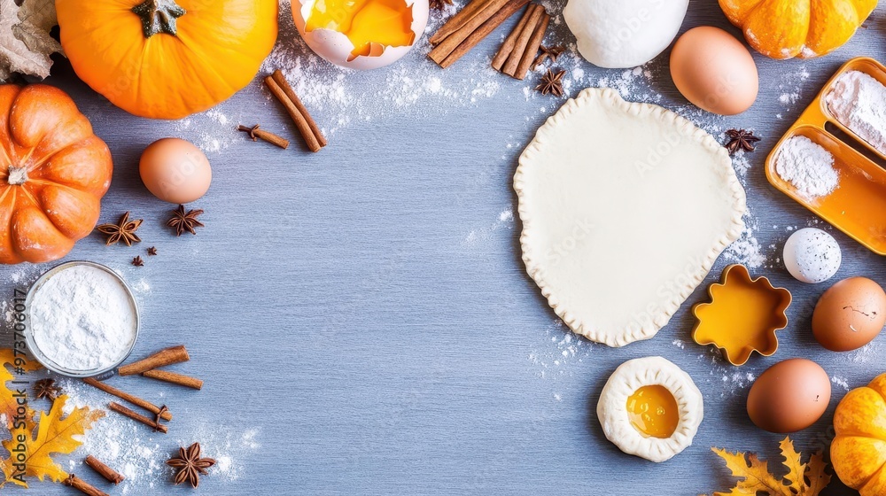 An overhead shot of Thanksgiving baking essentials flour, eggs, pumpkins, and spices, with halfmade pie dough and cookie cutters, Hyperrealistic, Bright and inviting, Soft focus An overhead shot of Thanksgiving baking essentials flour, eggs, pumpkins, and spices, with halfmade pie dough and cookie cutters, Hyperrealistic, Bright and inviting, Soft focus
