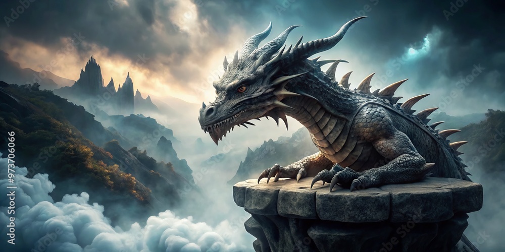 Fototapeta premium A close-up shot of a fantasy dragon's razor-sharp, scaly talons gripping a misty, ancient-looking stone pedestal,