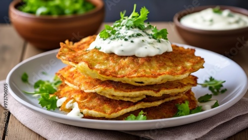  Deliciously stacked potato pancakes with creamy sauce and fresh herbs