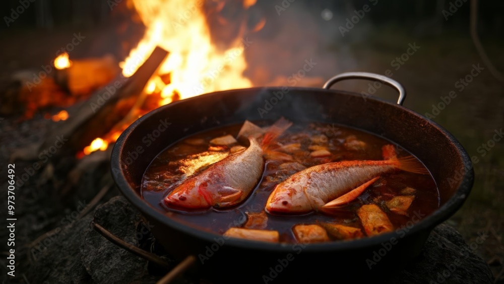 Fototapeta premium Delicious fish stew cooking over a campfire