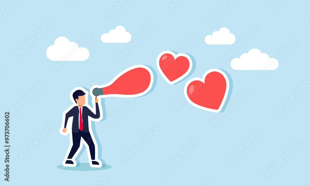 A businessman blowing a heart shaped balloon, an illustration of gaining attention from the market, creating products or services that people love A businessman blowing a heart shaped balloon, an illustration of gaining attention from the market, creating products or services that people love