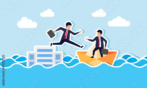 A businessman jumping from a top building onto a paper boat owned by a business partner, an illustration of a company facing bankruptcy, escaping a failing business