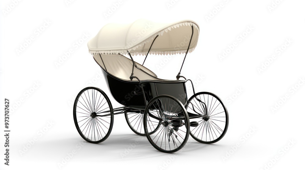 Fototapeta premium Vintage black horse-drawn carriage with a white canopy isolated on white background.