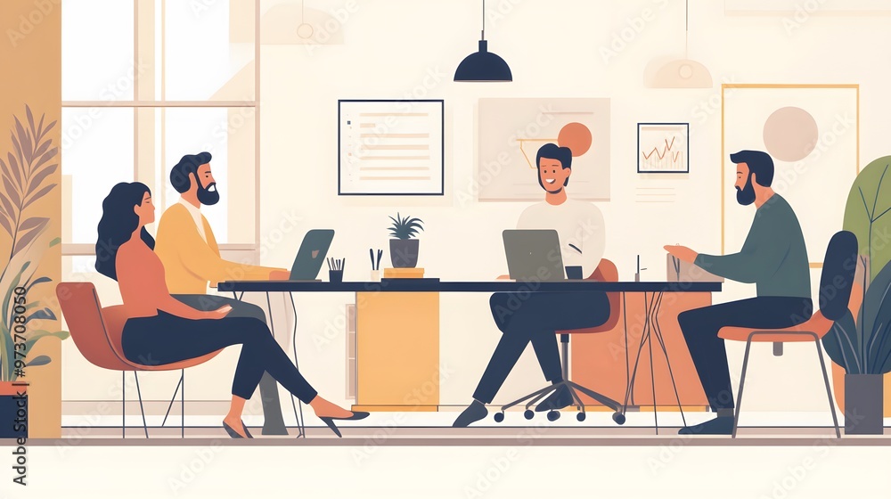 Four People Meeting at a Table in a Modern Office Four People Meeting at a Table in a Modern Office