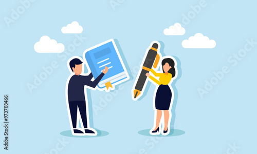 A businessman carrying a report and a businesswoman holding a pen, illustration of signing or approval of a business project analysis report