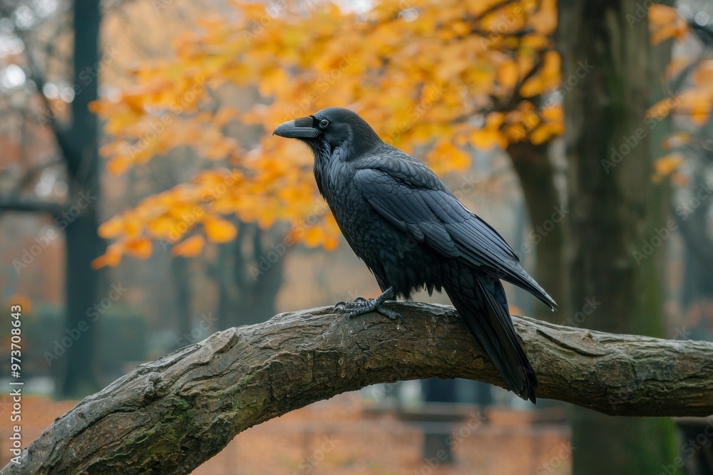 A Raven Perched on a Tree Branch in Autumn A Raven Perched on a Tree Branch in Autumn