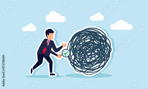 A businessman with a magnifying glass and a checkmark investigating or examining something disorganized, illustration of evaluation of unclear processes to simplify them