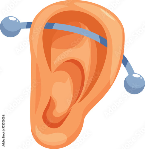 Cartoon drawing of a human ear with an industrial piercing connecting two parts of the cartilage with a metal barbell