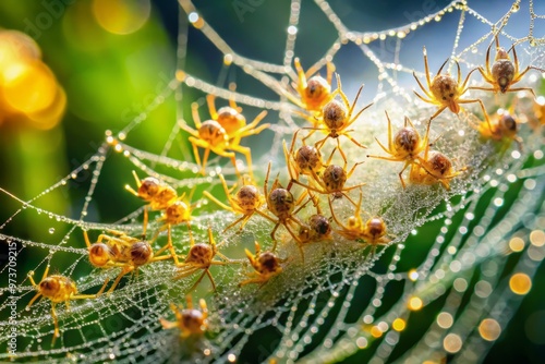 A cluster of tiny, intricate baby spiders, their delicate legs and bodies glistening with dew, cluster together on photo