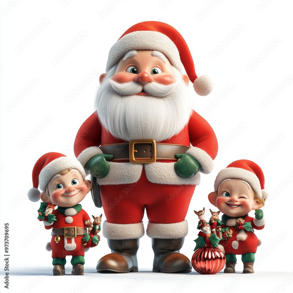 Santa with elves, intricate clothing textures, 3D illustration, glossy finish, isolated on white background Santa with elves, intricate clothing textures, 3D illustration, glossy finish, isolated on white background