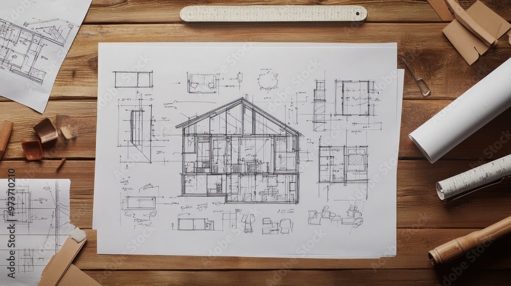 Fototapeta premium Hand drawn house plan and blueprints on a wooden table.