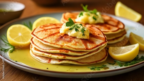  Deliciously stacked pancakes with lemon and herbs ready to be savored