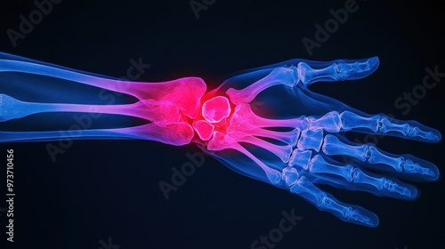 X-ray of a human wrist with the joint highlighted in red.