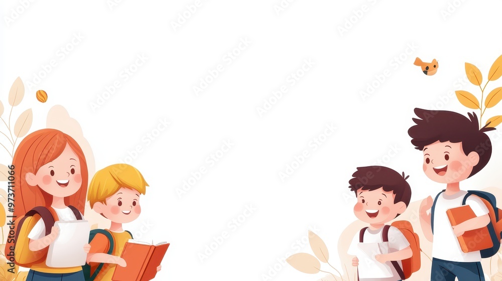 A cheerful group of children enjoying learning together amidst a vibrant, nature-inspired background. A cheerful group of children enjoying learning together amidst a vibrant, nature-inspired background.