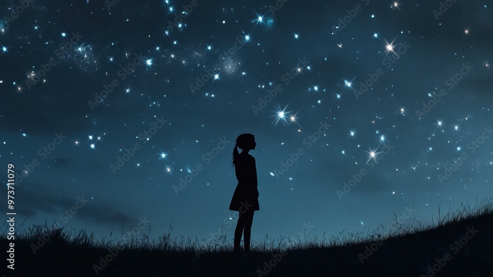 Silhouette of a Girl Gazing at a Starry Night Sky in a Tranquil Outdoor Setting Silhouette of a Girl Gazing at a Starry Night Sky in a Tranquil Outdoor Setting