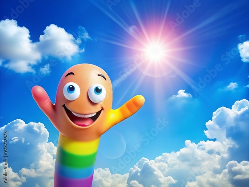 A colorful cartoon finger with a smiling face and wiggly eyes points towards the viewer, surrounded by bright photo