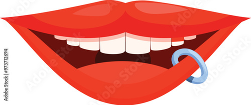 Smiling red lips showing white teeth and lip piercing, beauty and fashion illustration in cartoon style