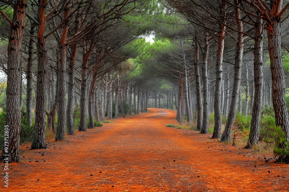 Naklejka premium A Winding Path Through a Dense Pine Forest