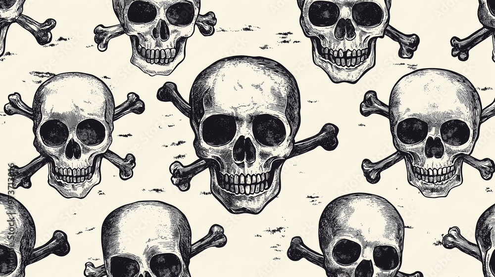 Skulls and Crossbones Pattern, classic skulls and crossbones repeating in a monochromatic design, Halloween, with copy space Skulls and Crossbones Pattern, classic skulls and crossbones repeating in a monochromatic design, Halloween, with copy space