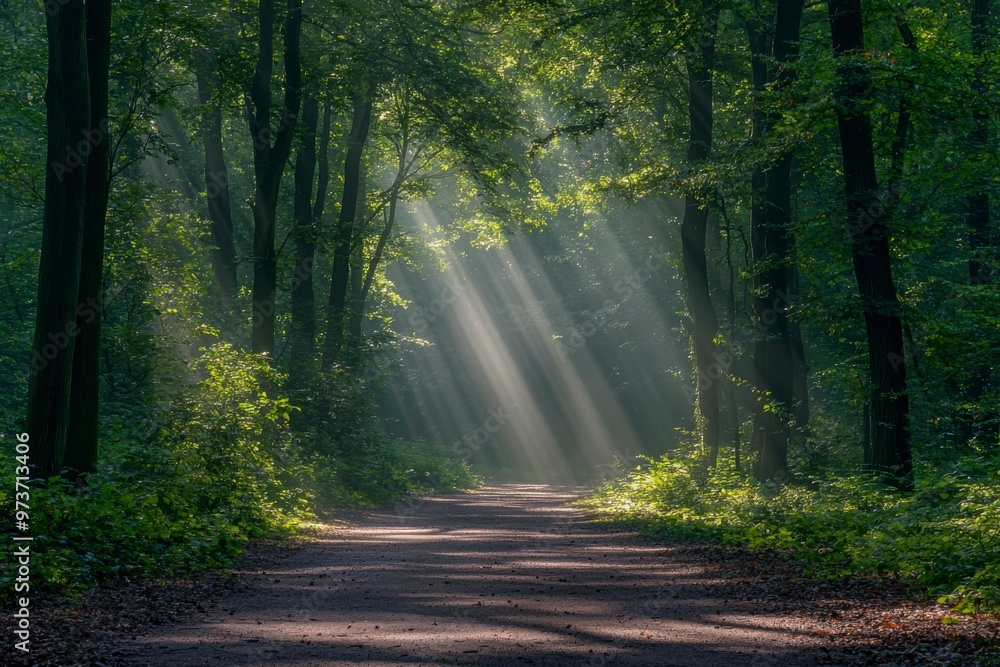 Obraz premium Sunbeams Illuminating a Path Through a Foggy Forest