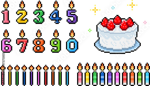 Pixel art birthday cake and number candle icon vector set
