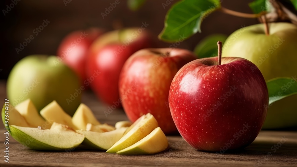 Fresh apples and apple slices on a rustic table Fresh apples and apple slices on a rustic table
