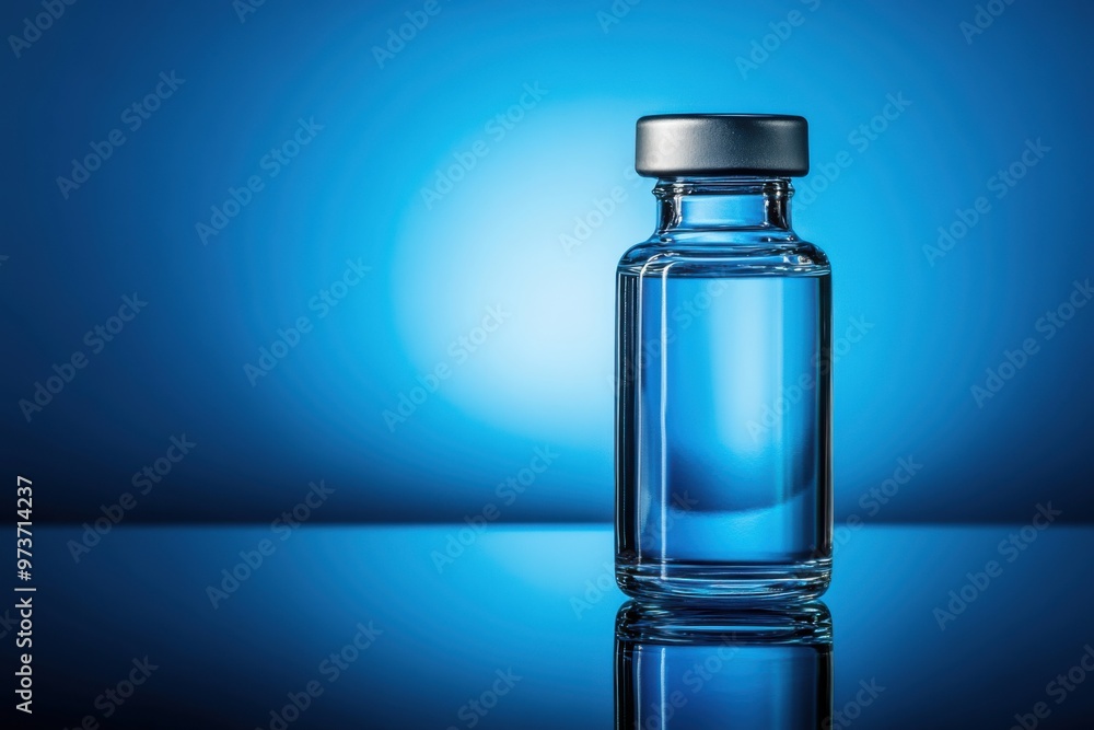 Sterile Glass Vial With Clear Liquid On Blue Background Medical Concept Sterile Glass Vial With Clear Liquid On Blue Background Medical Concept