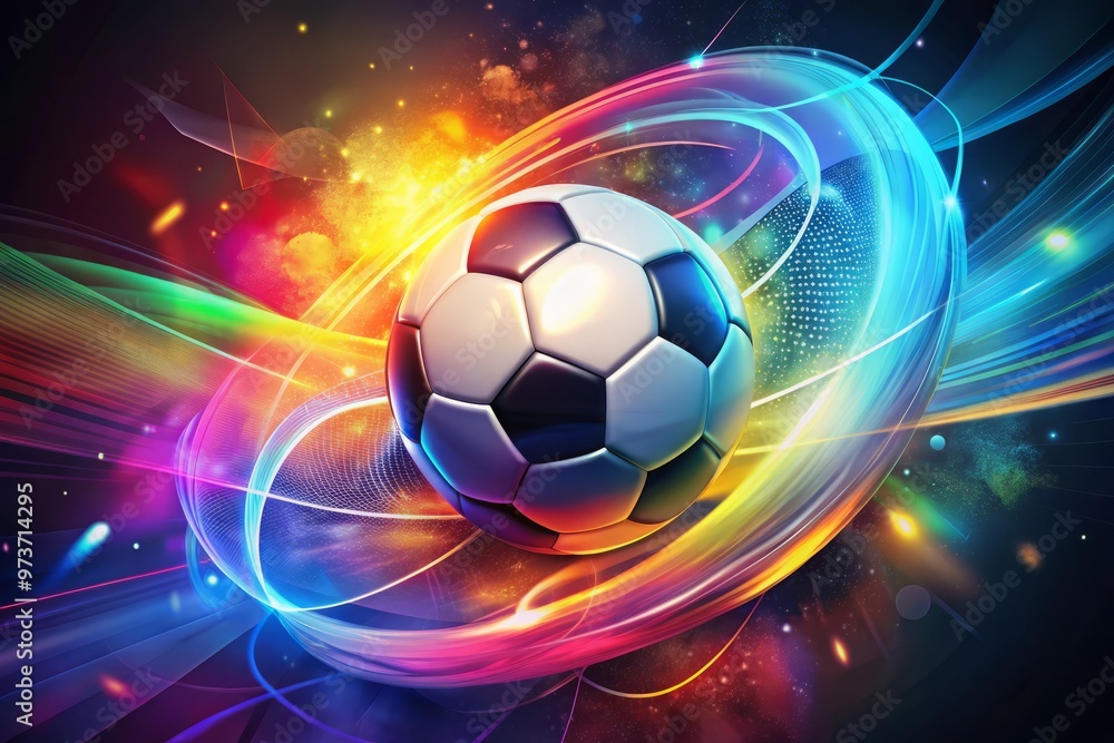 Naklejka premium A colorful illustration of a stylized soccer ball with vibrant motion lines, surrounded by abstract shapes and