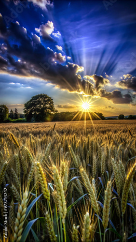 wheat field at sunsetfield, sky, landscape, wheat, grass, nature, summer, agriculture, sunset, meadow, cloud, farm, blue, sun, green, rural, clouds, horizon, sunrise, sunlight, plant, country, yellow, photo