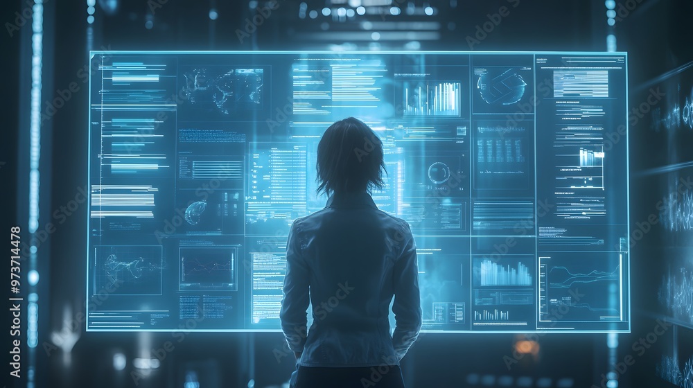 Woman Observing Data On Holographic Display In A Futuristic Room Woman Observing Data On Holographic Display In A Futuristic Room