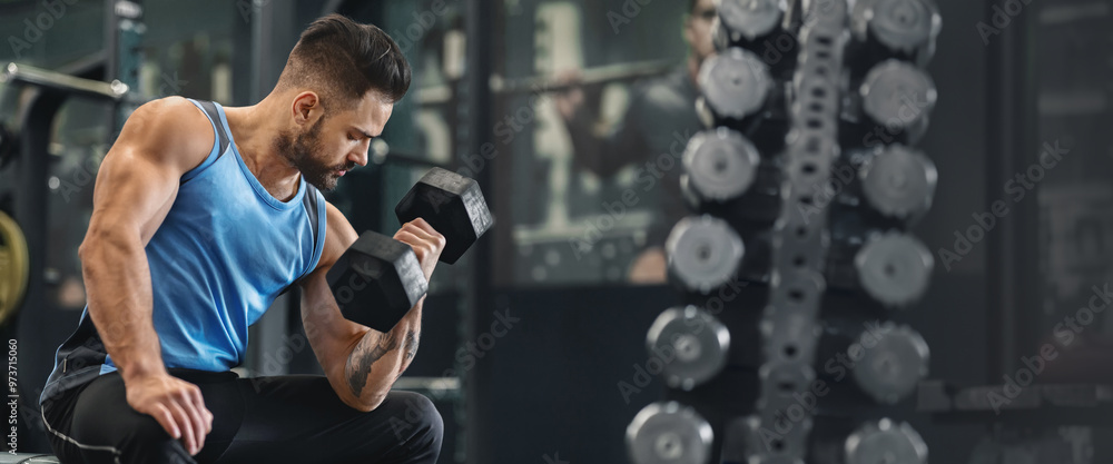 Naklejka premium Bodybuilder pumping his biceps with dumbbell in gym, empty space, web-banner