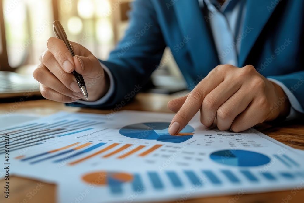 Confident Financial Advisor in Azure Blue Coat Discussing Budget Management with Gen Z Client Through a Pie Chart Presentation Confident Financial Advisor in Azure Blue Coat Discussing Budget Management with Gen Z Client Through a Pie Chart Presentation