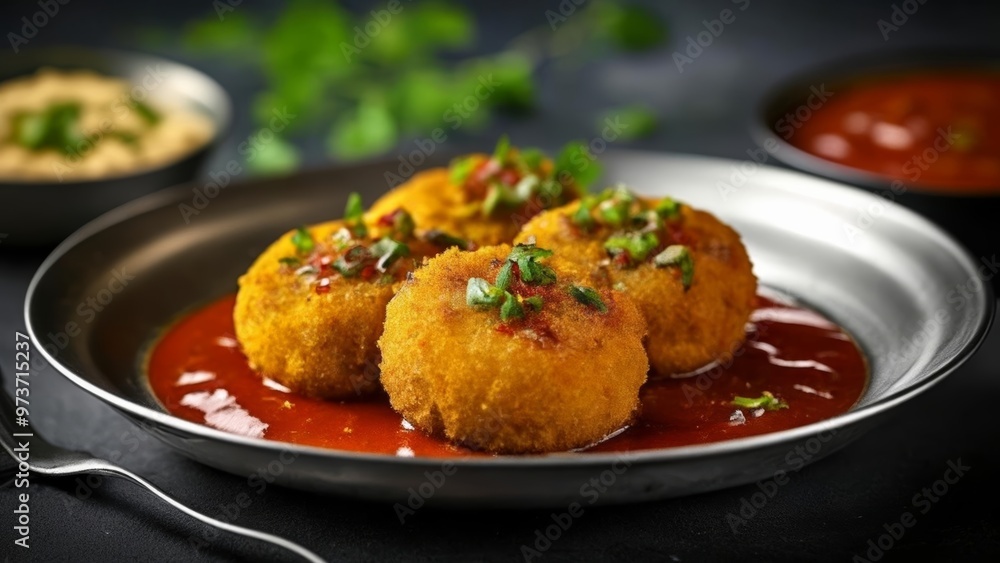 Delicious goldenbrown fried balls in a rich tomato sauce ready to be savored Delicious goldenbrown fried balls in a rich tomato sauce ready to be savored