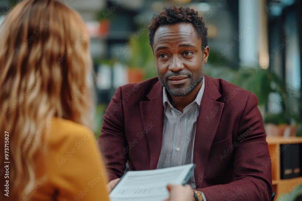 Profiling Debt Consolidation: Financial Advisor Assisting Gen Z Client in Maroon Suit Discussing Financial Strategy in Modern Office Space Profiling Debt Consolidation: Financial Advisor Assisting Gen Z Client in Maroon Suit Discussing Financial Strategy in Modern Office Space