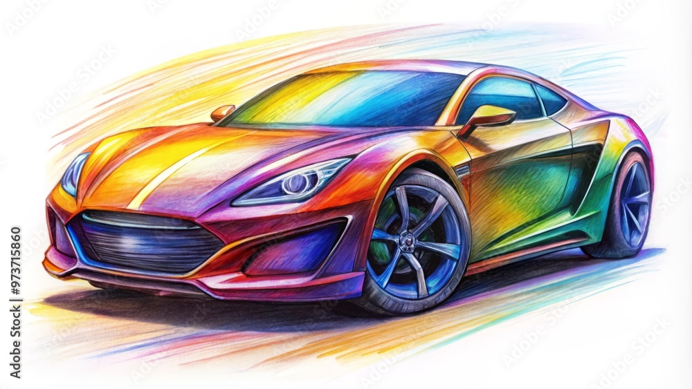 A colorful pencil sketch of a sleek, modern car with bold lines and vibrant colors, showcasing creativity and A colorful pencil sketch of a sleek, modern car with bold lines and vibrant colors, showcasing creativity and