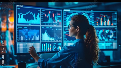 Woman Analyzing Data on Computer Monitors