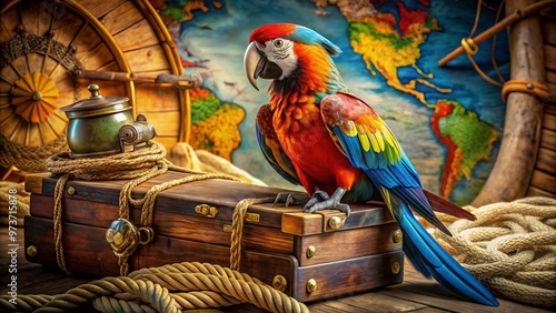 A colorful parrot perches on the shoulder of a swashbuckling pirate, surrounded by treasure chests, maps, and nautical photo