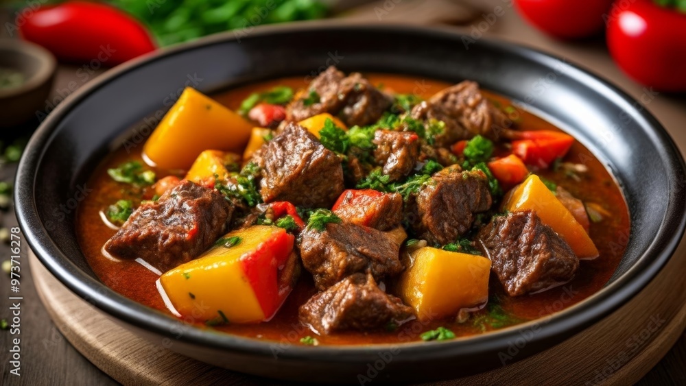 Delicious beef stew with vibrant vegetables ready to be savored Delicious beef stew with vibrant vegetables ready to be savored