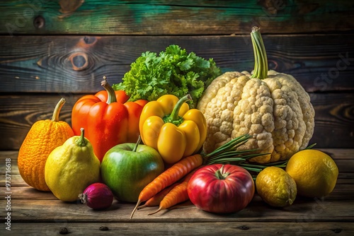 A colorful still life arrangement of misshapen, imperfect fruits and vegetables, including a lumpy lemon, bulbous