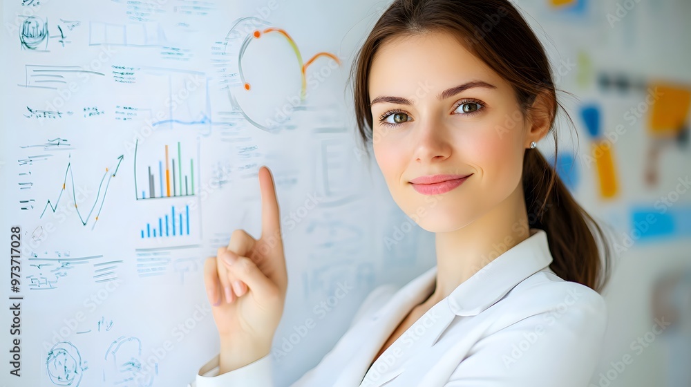 Businesswoman Presenting Growth Data on Whiteboard Businesswoman Presenting Growth Data on Whiteboard