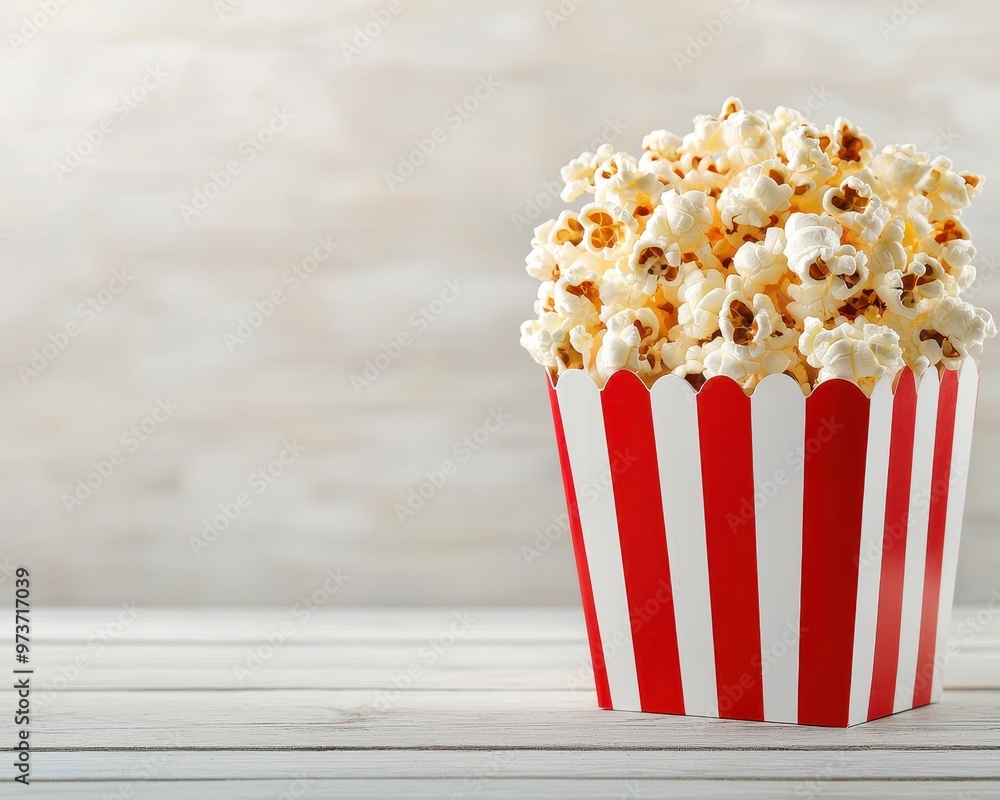 Freshly popped popcorn in a striped box, perfect for movie nights, snacks, and celebrations. Crispy, delicious, and inviting treat. Freshly popped popcorn in a striped box, perfect for movie nights, snacks, and celebrations. Crispy, delicious, and inviting treat.