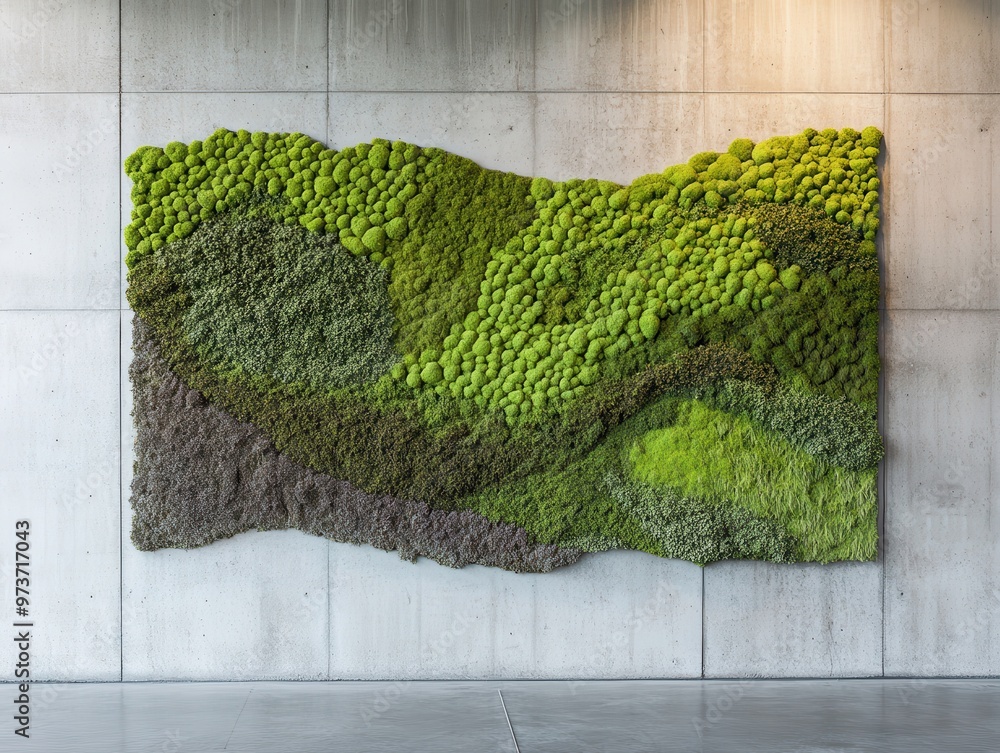 Fototapeta premium Vertical Green Wall Art Installation on Modern Concrete Wall in Contemporary Interior Space