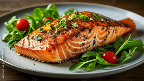  Deliciously grilled salmon with fresh greens and cherry tomatoes