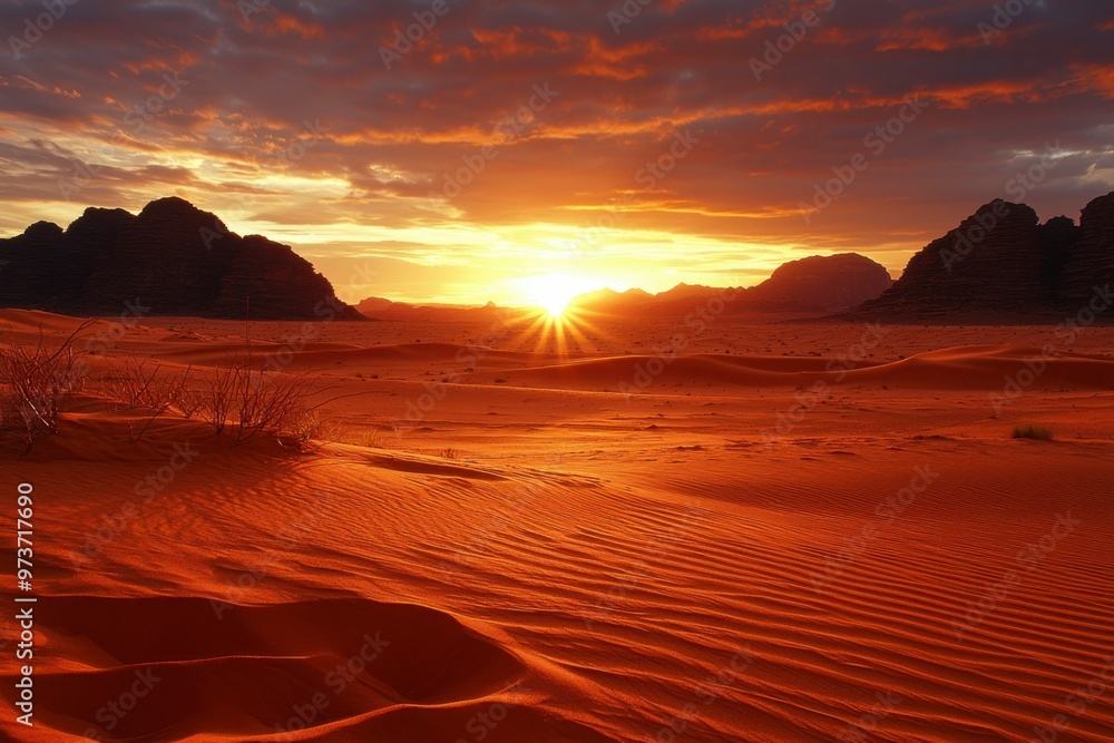 Naklejka premium Desert Landscape at Sunset with Sun Rays